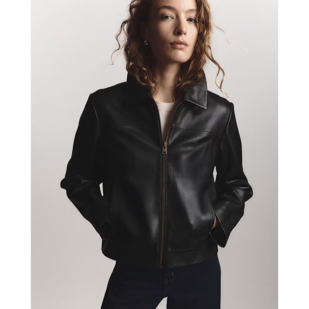 Quince Leather Cropped Zip-Front Jacket, M Black